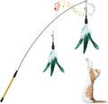 Pawaboo Feather Teaser Cat Toy, Interactive Feather Wand Cat Toy Flying Feather Cat Catcher with Extra Long 34.5" Wand and Small Bell, Fun Exerciser Playing Toy for Kitten or cat, White & Green