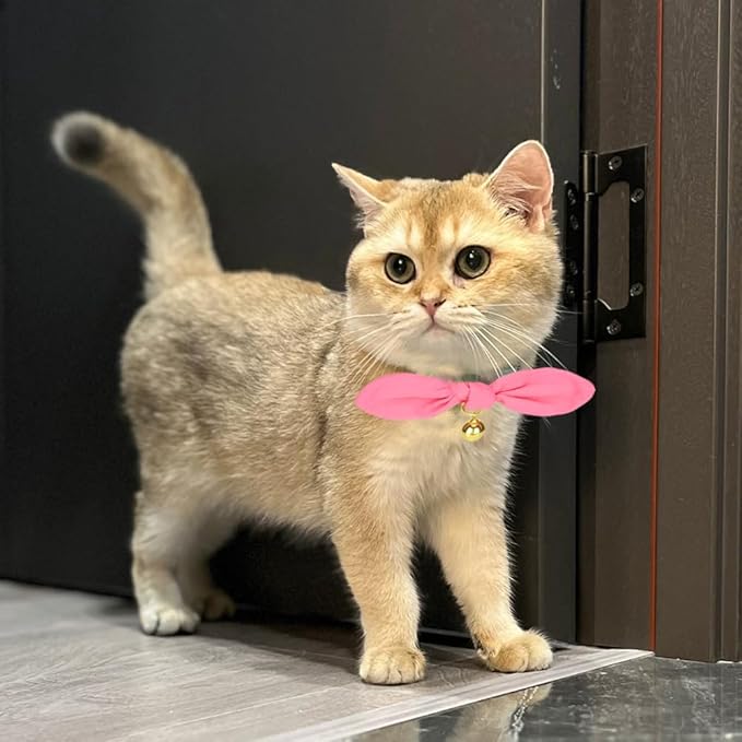 Bunny Ear Cat Collar with Bell and Bow Tie, Breakaway Cute Bowtie Kitten Collars(Hot Pink)