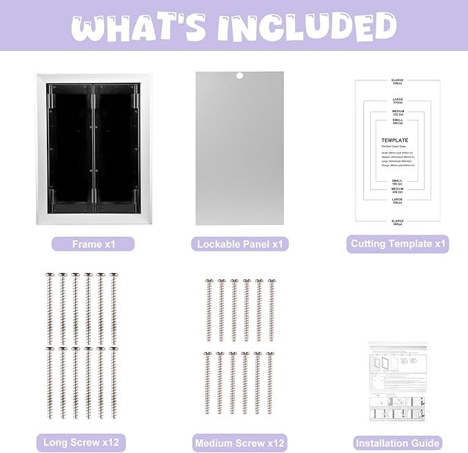 Sliver Pet Door with Panels, Aluminum Dog Door with Automatic Closing Magnetic Flaps, Medium Doggie Door, Slide-in Panel & 4 Security Locks, Suitable for Doors, Screen and Wall