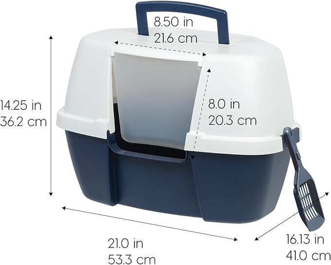 IRIS USA Corner Cat Litter Box Enclosure with Scoop, Small Cat Litter Box with Lid, Corner Litter Box Enclosure for Kittens to Medium Sized Cats, Odor Defensive Hooded Litter Tray, Navy/White