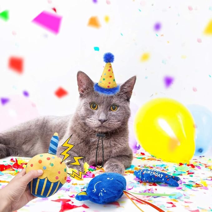BINGPET Cat Birthday Catnip Toys for Indoor Cats, 5 Pcs Cat Birthday Gift Kitten Interactive Toy for Boy Girl Cats, Soft Plush Catmint Kitty Chew Kick Toy, Hat, Bandana, Balloon, Cake, Fish, Dark Blue