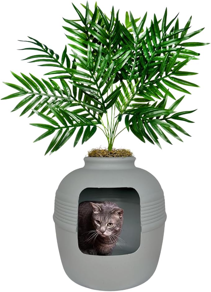 Good Pet Stuff Hidden Litter Box Planter, Decorative Cat Litter Enclosure with Carbon Filter, Artificial Plant, Easy Clean, Indoor Design, Original Round Style, Base Kit, Stone Gray