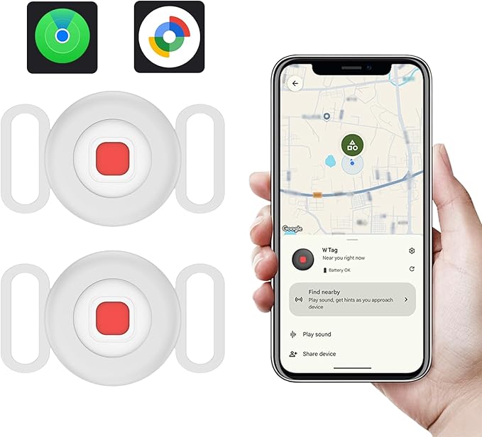 Bluetooth Dog Tracker Tag, Pet Tracker for Dogs with Silicone Collar Holder, Works with Apple Find My & Android Find Hub, IP67 Waterproof Anti-Lost Locator, White 1 Pack