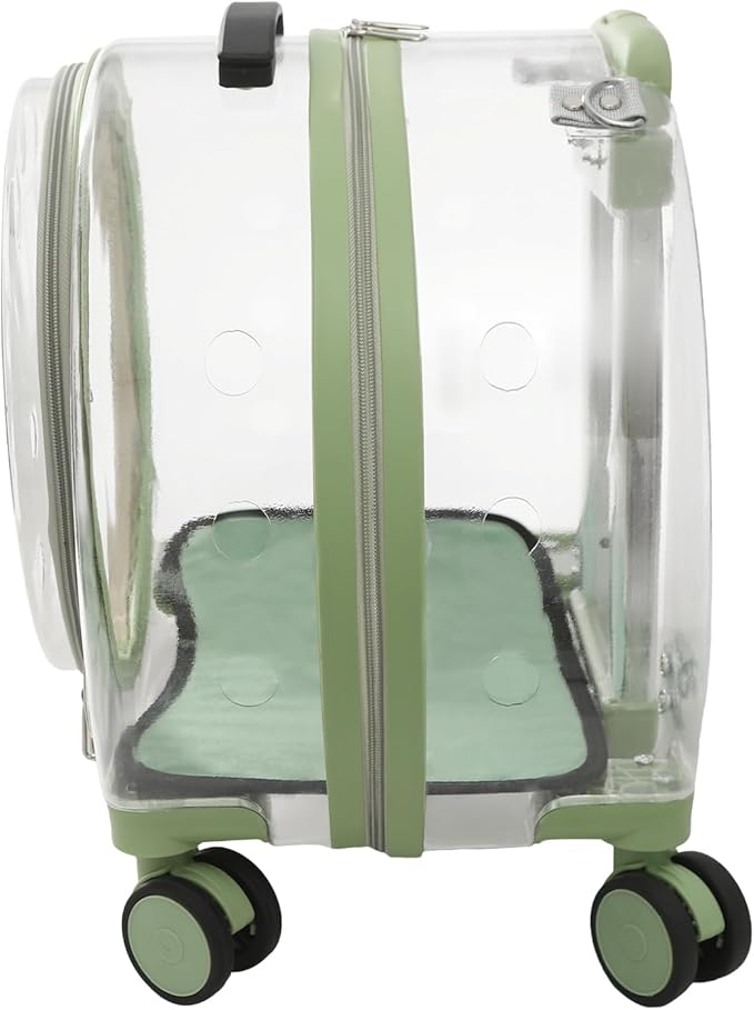 Transparent & Fully Breathable Hard Cat Carrier with Rolling Wheels, Multiple Carrying Carrier for Cats, Dogs, Or Bunnies for Traveling, Taking a Walk, Applicable Weighing up to 19.84lbs (Green,Clear)