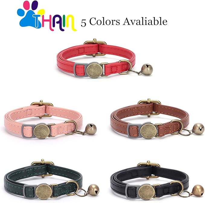 THAIN Leather Cat Collar with Bell Breakaway- Adjustable, Durable, Retro Bell fit Most Cats and Kittens (Dark Green)