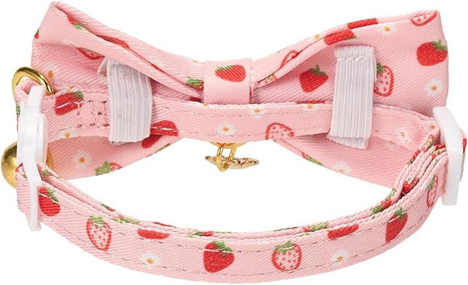 2 Pack Cat Collars, Removable Bowtie, Floral Pattern, Safety Breakaway Clasp, Adjustable for Cats.(Adult Cat, Pink Strawberry and White Heart)