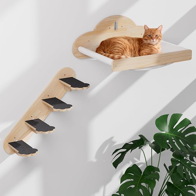 XiaZ Cat Wall Hammock Mounted Bed with 4 Climbing Steps, Modern Cats Shelves and Perches up to 30lbs, Wooden Kitten Wall Furniture for Indoor Sleeping, Playing, Climbing and Lounging (Hammock)