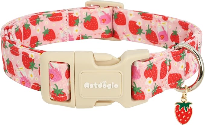 Pink Dog Collar for Small Dogs, Cute Dog Collars Girl Puppy Collar with Strawberry Pattern, Adjustable Cotton Pink Collar Ideal, Daily Photos & Pet Fashion