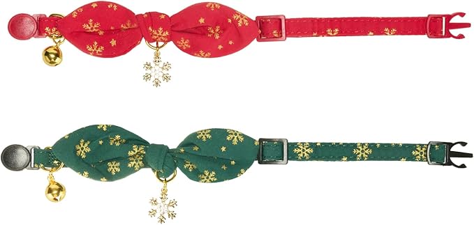 2 Pack Christmas Cat Collar with Bell and Removeable Bunny Bowtie,with Bling Snowflake Charm and Printing Pattern, Safety Breakaway Clasp, Adjustable for Kitten and Cats Green and Red.