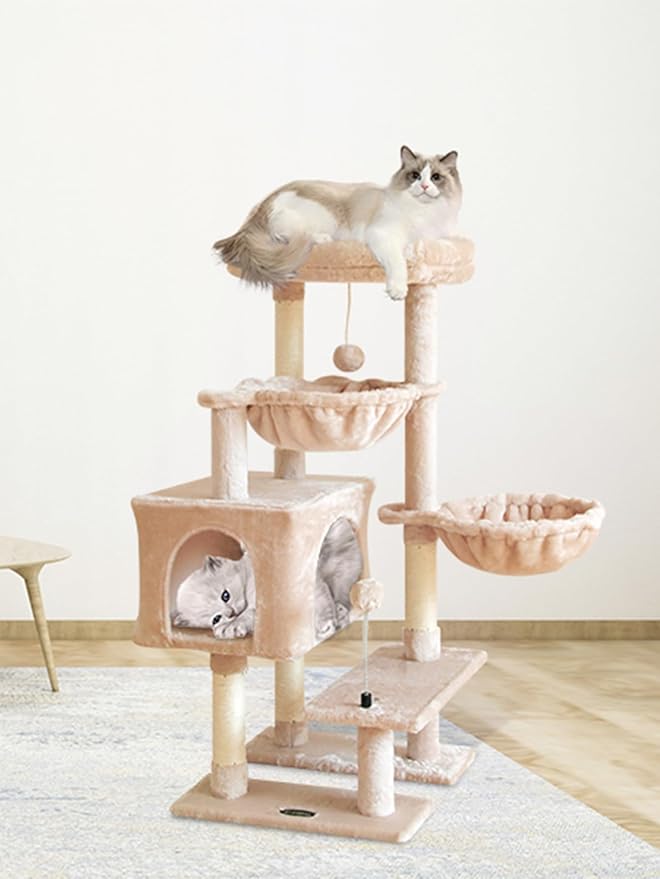KIYUMI Cat Tree Cat Tower Condo with Sisal Scratching Post for Indoor Cats Cat Tree Cat Furniture with Hammock Perch and Kitten Ball Toys, Multi-Level Pet Activity Center Beige