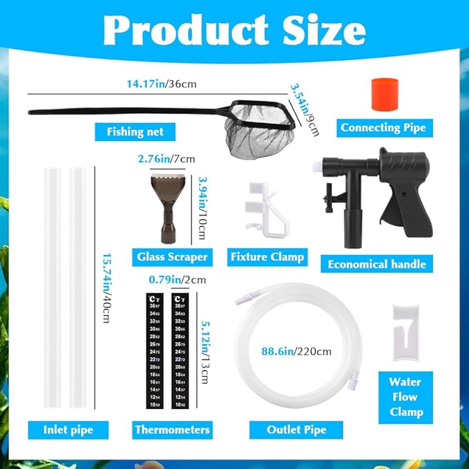 Aquarium Gravel Cleaner, Fish Tank Cleaner Kit, Aquarium Manual Press Noiseless Water Changer, Including Net,Thermometers & Cleaning Accessories for Fish Tank Maintenance