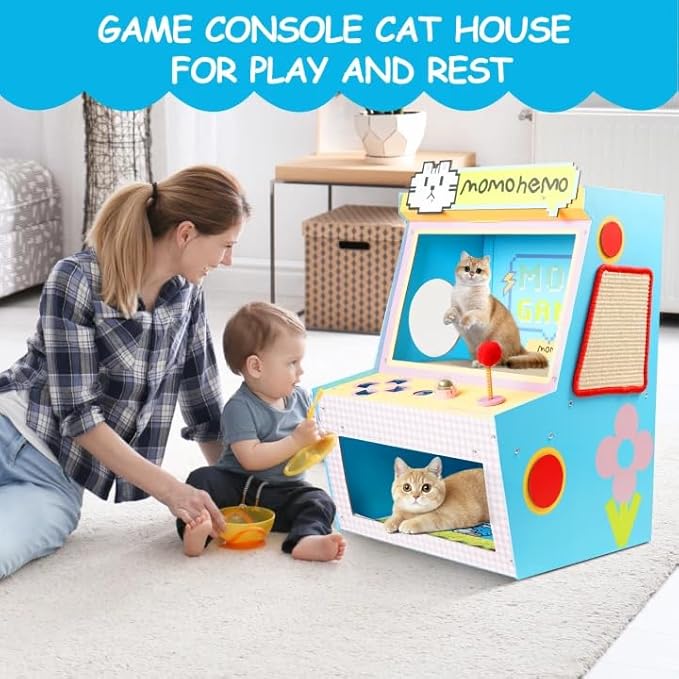 Cat House with Bed & Scratcher - Multi-Level Cat Activity Center Tower for Indoor Cats, Gaming Console Design Cat Condo with Sisal Scratching, Cat Scratcher & Mat, Cardboard Tree & Toys