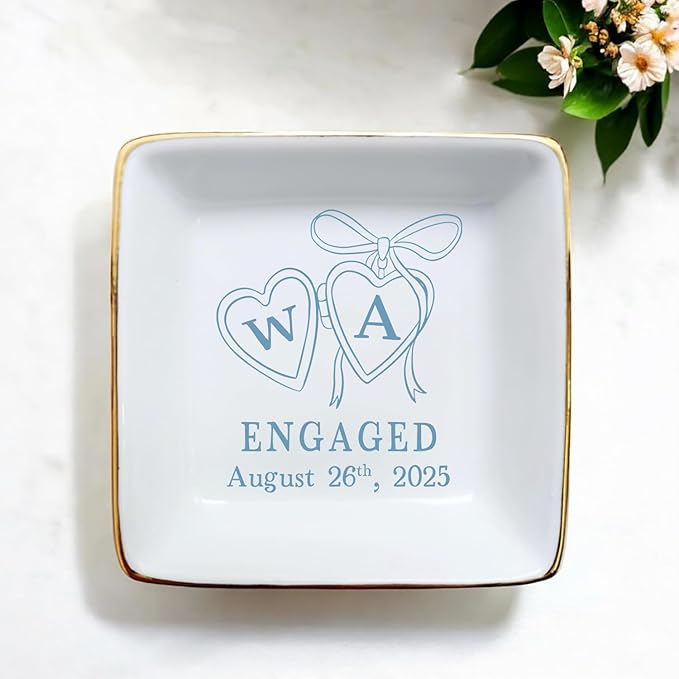 Personalized Locket Wedding Ring Dish, Custom Initial Engaged Rings Holder, Custom Wedding Jewelry Tray, Married Trinket Dishs, Engagement Party Keepsake Gifts for Newly Engaged Couple