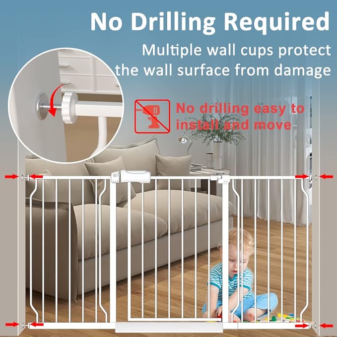 57.5-62" Extra Wide Baby Gate for Doorways,30" Tall Double Lock Mechanism Metal Dog Gate Pressure Mount，Automatic Closing Child Safety Gate,White
