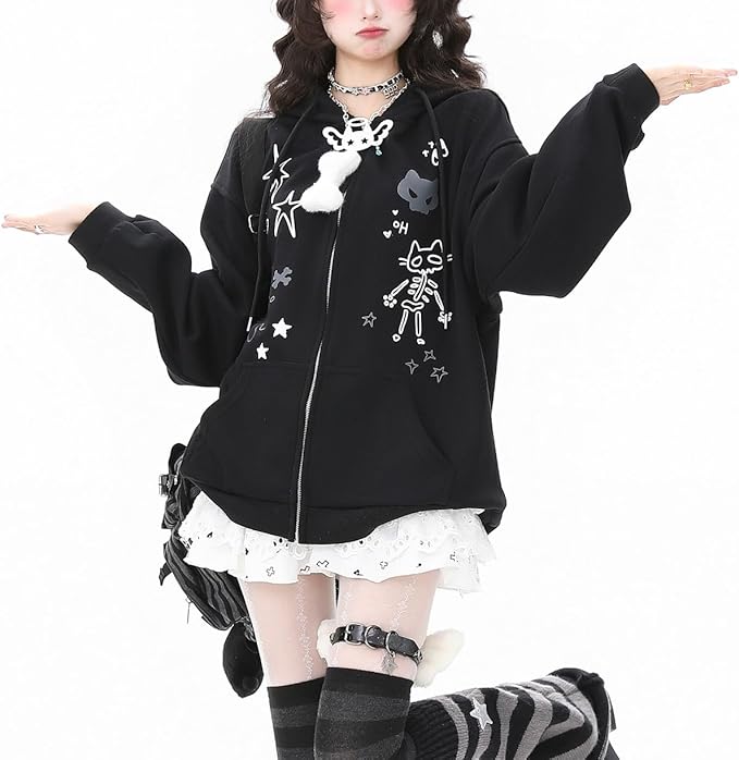 Womens Y2K Zip Up Cute Graphic Hoodies Cat Ears Casual Cartoon Harajuku Kawaii Clothes Oversize Streetwear Jacket