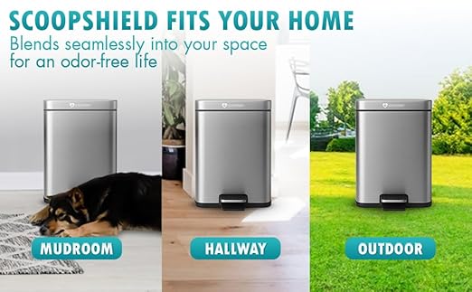 6L Outdoor and Indoor Pet Waste Container, (with one Charcoal Filter), Stainless Steel Can. Lid Opens with Push Step. 12 in x 10 in x 8 in Dimension.