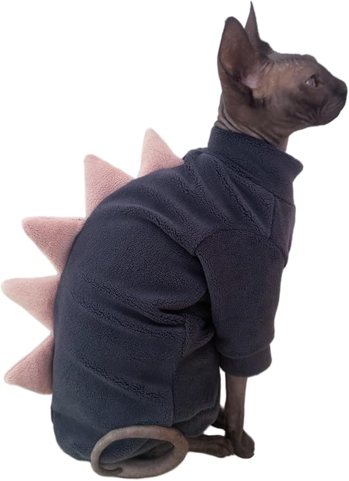 Dinosaur Sphynx Cat Clothes, Soft Polar Fleece Sweater for Cat, Elastic Pet Clothes Thick Winter Warm Outfit for Hairless Cat, Devon, Cornish, Small Dogs Apparel with Sleeves (Grey, Medium)