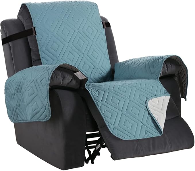 H.VERSAILTEX Reversible Quilted Recliner Covers Water Resistant Furniture Protector for Reclienr Chair with Elastic Straps for Pets Kids Sitting Width Up to 22"(Recliner, Cameo Blue/Beige)