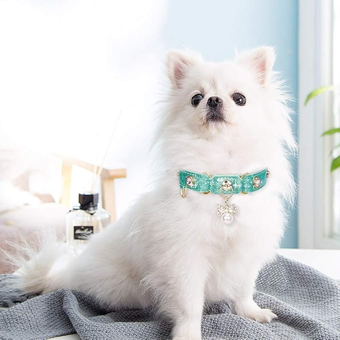 PetsHome Cat Collar, Dog Collar, [Bling Rhinestones] PU Leather Adjustable Pet Collar with Luxury Pendant for Cat and Small Dog Extra Small Mint Green