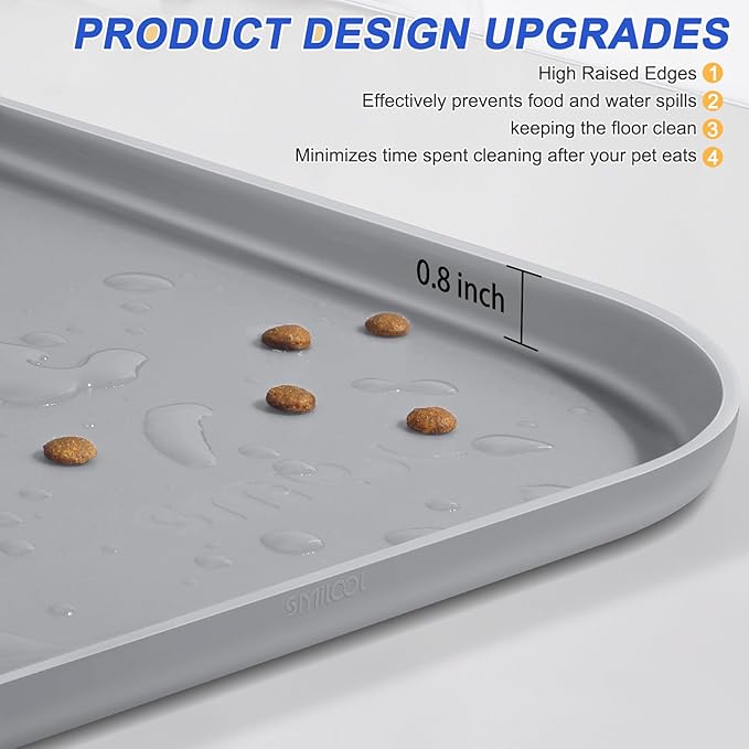 Silicone Pet Feeding Mat with Raised Edge for Food and Water, Dog Bowl Mats, Cat Bowls Placemat with High Lip for Floor Waterproof, Rubber Tray for Cats and Dogs 22 x 14 x0.8 Light Gray