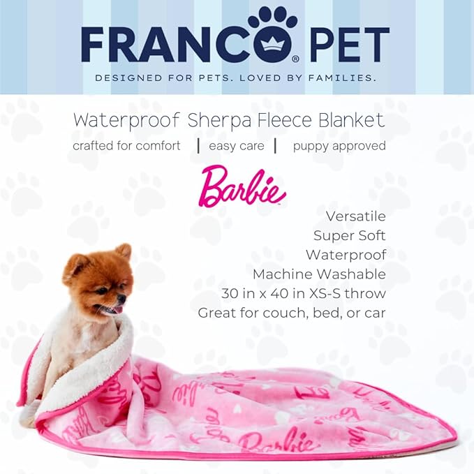 Franco Pet Barbie Super Soft Cozy Waterproof Sherpa-Backed Blanket Throw for Small Dogs, Couch/Bed/Car, 30x40 (Officially Licensed Product)