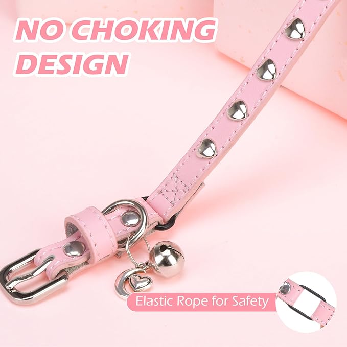 EXPAWLORER Leather Cat Collar for Girl Boy Valentine's Day - Adjustable Pet Collar with Safety Elastic Belt,Personalized Heart Accessories Buckle Collars with Bell & Durable D-Ring,Heart(Pink)