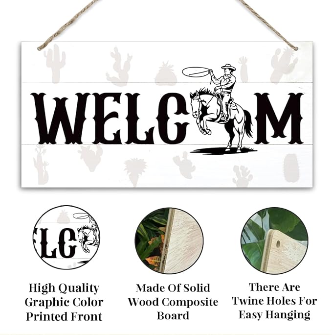 Welcome Sign for Front Door, Welcome Decor Wooden Hanging Sign for Wall Decor, West CowBoy Pattern Hanging Signs, Funny Wooden Outdoor Front Door Decoration 13.8X6.9 inches