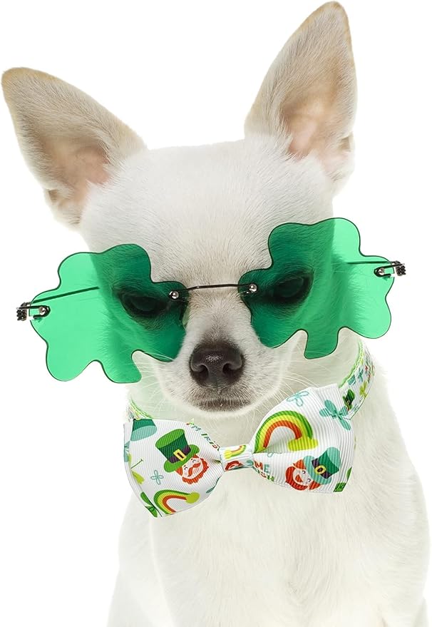 St. Patrick's Day Cat Bowtie - Green Clover Pattern with Festive Holiday Charms for Cats & Small Pets, Adjustable Pet Collar with Rainbow and Lucky Bell
