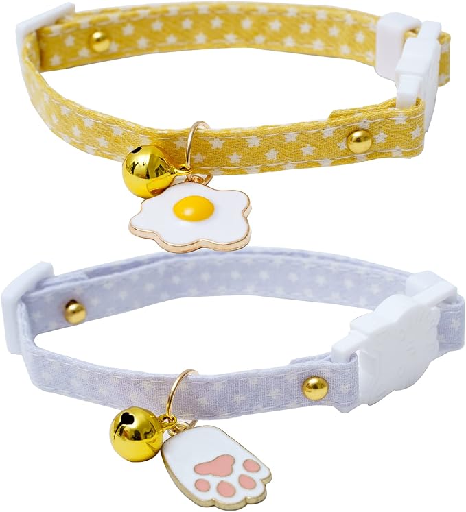 2 Pack Star Cotton Breakaway Cat Collars with Bell Egg Cat Paw Pendant Kitty Kitten Collars Yellow Purple Collar for Female Girl Cats Male Boy Cats