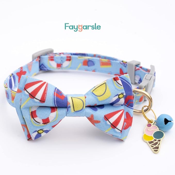 Faygarsle 2 Pack Cute Cat Collar with Bell Breakaway Bowtie for Male Female Cats Soft Fancy Blue Yellow with Ice Cream Sea Pattern Summer Cat Collar for Boy Girl Cats