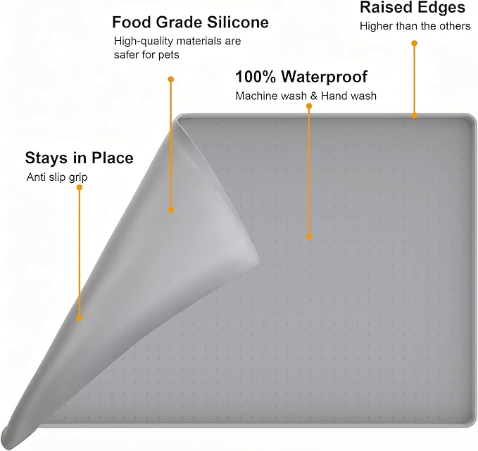Mofason Pet Food Mat Waterproof Dog Mat 24”x16” Large – 0.5” inch Raised Edge,Pet Silicone Feeding Placemat Water Bowl Tray for Floors, Nonslip Washable Dog Mat for Food and Water