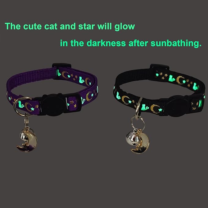 2 Pack Breakaway Cat Collars, Glow in Dark with Bell & Moon Star Pendant, Safety Buckle Kitten Collars Adjustable from 6.9-10.7" (Black/Purple)