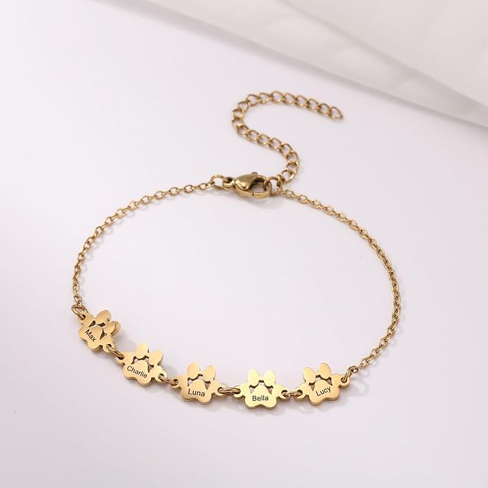 MeMeDIY Personalized Paw Print Bracelet for Women Engraved 1-5 Names Dog Cat Pet Paw Bracelet Adjustable Chain Dog Jewelry Memorial Gifts for Pet Lovers