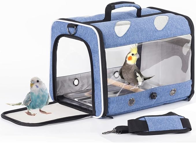 Bird Travel Carrier for Parrot with Wooden Perch and Tray, Portable Carrying Bag for Outdoor Hiking and Vet Visit(Blue, Bird Carrier)