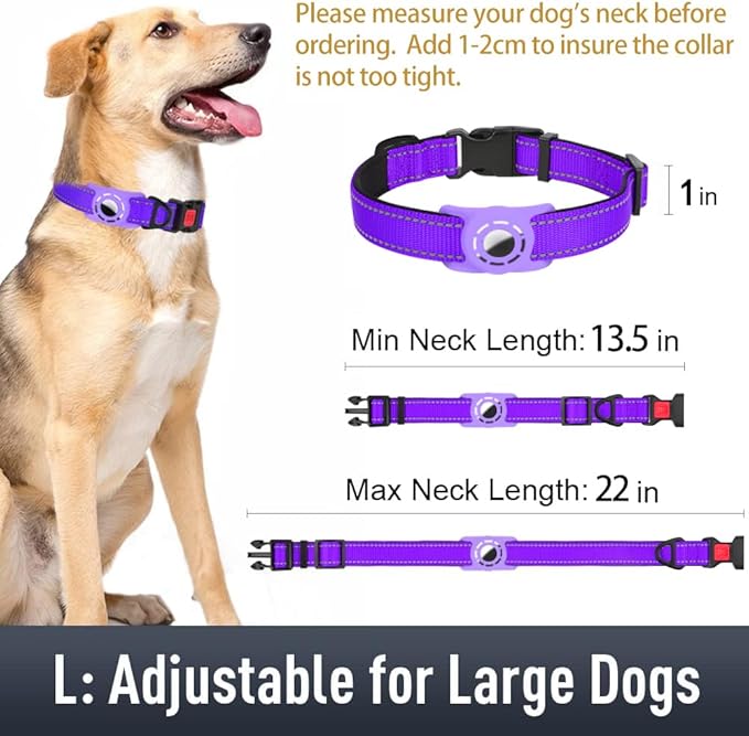 Airtag Dog Collar with AirTag Holder for Large Dogs, Reflective, Soft Padded & Safety Locking Buckle, Nylon Pet Collars Adjustable for All Breeds, Purple,L