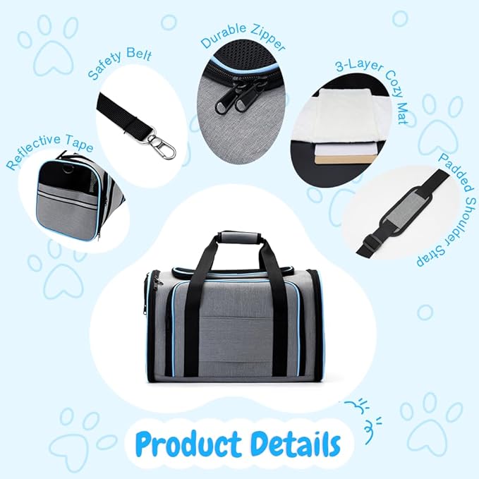 Double Expandable Cat Carrier,Airline Approved Soft-Sided Pet Travel Carrier for Small Dogs Cats under 15 lbs,Waterproof 600D Oxford Fabric with Washable Replacement Liner,Odor-Free & Claw-Proof(Blue)