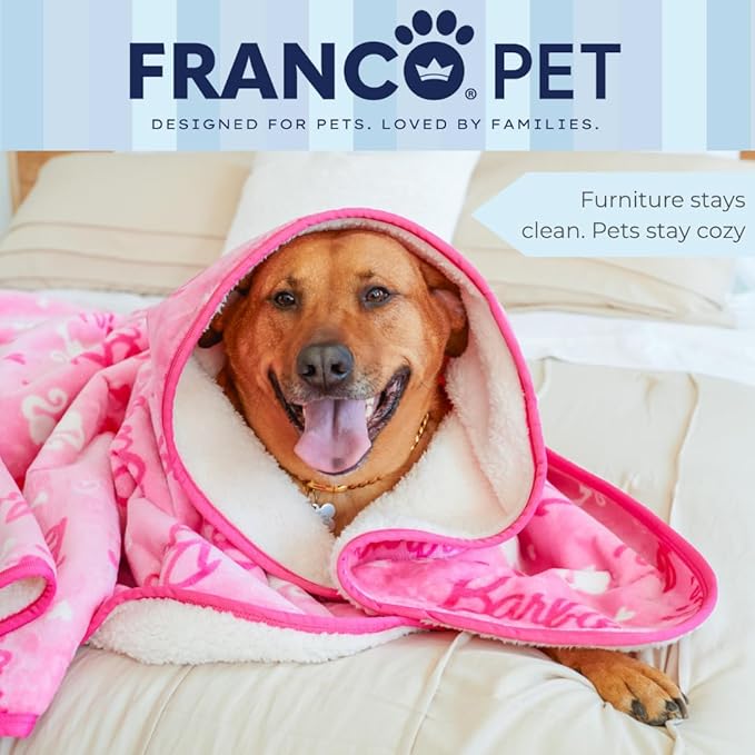 Franco Pet Barbie XL Oversized Super Soft Cozy Waterproof Sherpa-Backed Blanket Throw for Large Dogs, Couch/Bed/Car, 60x80 (Officially Licensed Product)