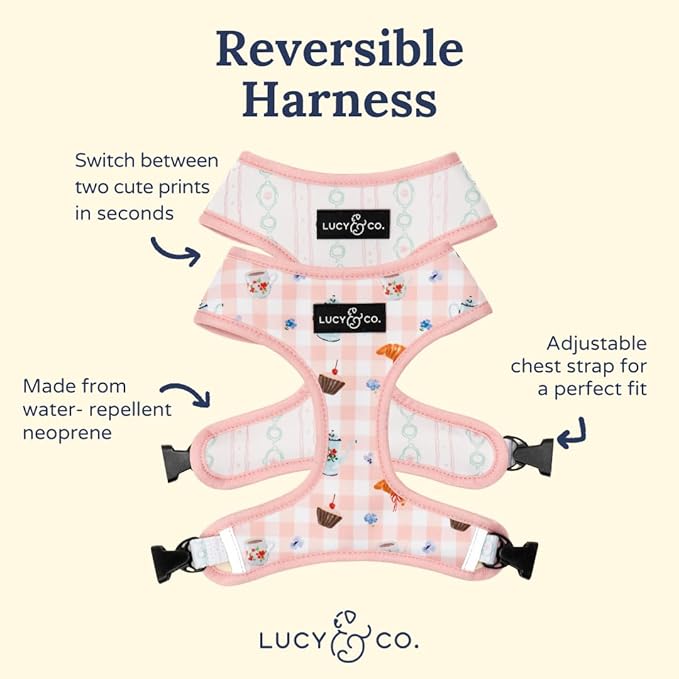Lucy & Co. Sipping Slowly Reversible Dog Harness, Adjustable Comfort Fit with Dual Leash Attachments, Small