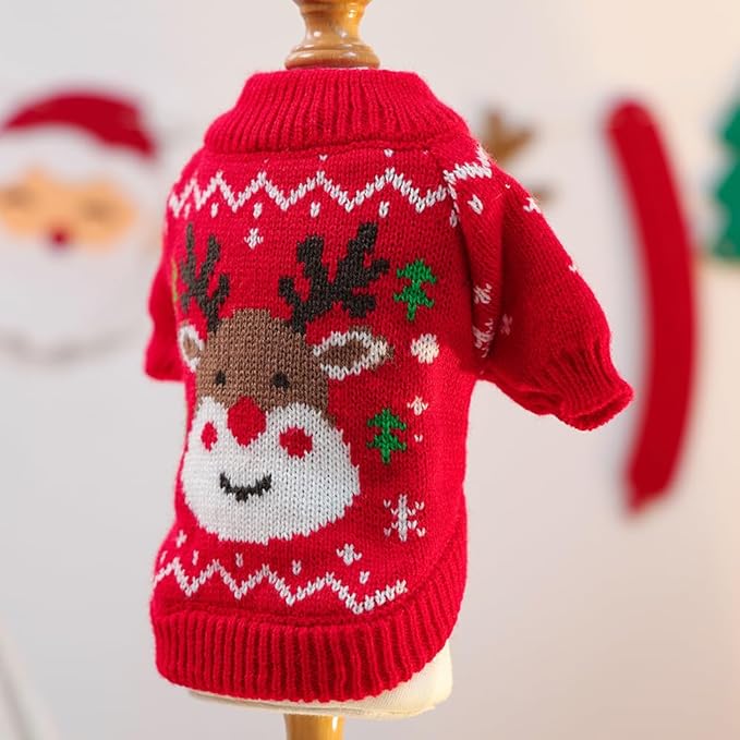Christmas Dog Outfit Red Puppy Sweater for Small Dogs Girl Boy Elk Snowflake Cat Knitwear Reindeer Knitted Pet Clothes Santa Deer Costume for Chihuahua Yorkie Poodle (Red-2, X-Large)