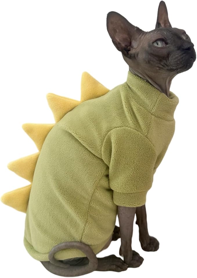 Dinosaur Sphynx Cat Clothes, Soft Polar Fleece Sweater for Cat, Elastic Pet Clothes Thick Winter Warm Outfit for Hairless Cat, Devon, Cornish, Small Dogs Apparel with Sleeves (Green, X-Large)
