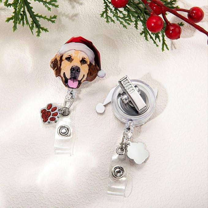 callie Personalized Christmas Pet Badge Reel - Custom 1-3 Dog Cat Photos, Christmas ID Badge Holder Retractable Clip with Paw Charm, Holiday Gift for Pet Lover Nurse Vet Doctor