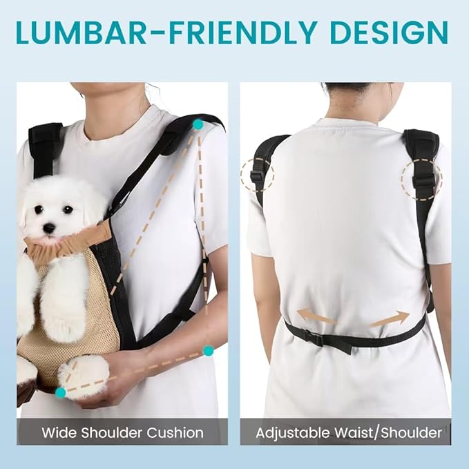 Dog Backpack Carrier, Pet Sling Front Backpack for Small Medium Dogs 10-16 Lbs, Legs Out, Adjustable Wearable Puppy Chest Travel Bag, Thick Straps & Cushion, Easy-Fit for Hiking/Walking/Camping