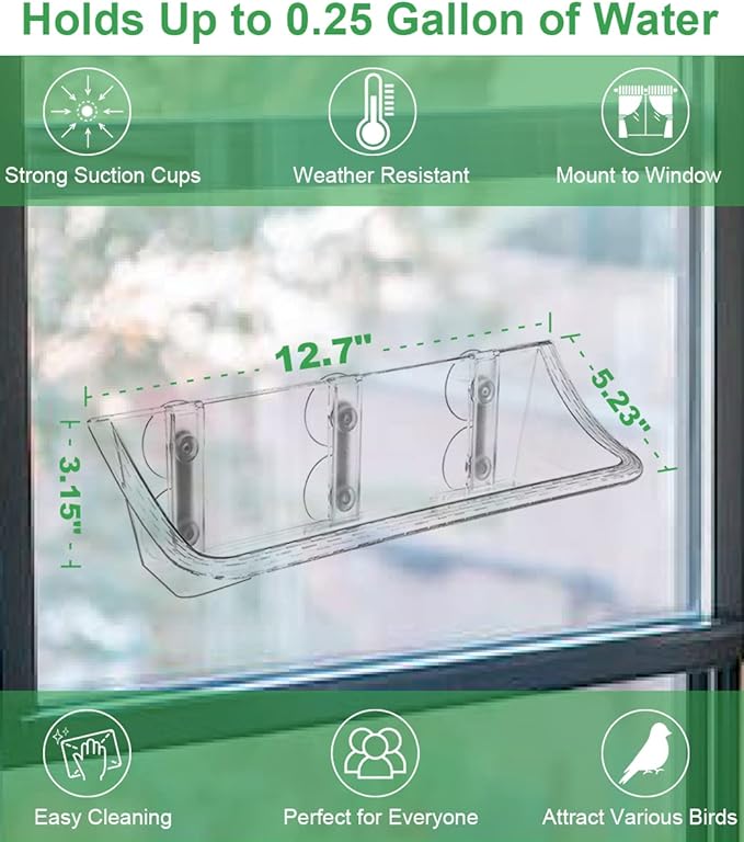 Clear Window Mounted Bird Feeder Bath with Strong Suction Cups for Outside, Transparent Glass Birdfeeder Birdbath for Cats, Kids, Elderly Viewing, 1 Pack