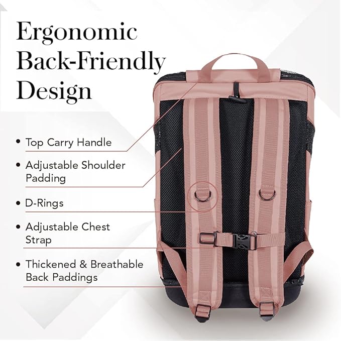ibiyaya - Airline Approved Pet Carrier for Small to Medium Dogs and Cats - Dog Backpack Carrier, Breathable Mesh Material with Magnetic Buttons, Side Pockets, and Auto-Lock Zipper - Coral Pink
