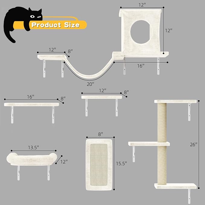 6-in-1 Cat Wall Shelves, Wooden Climbing Wall with Scratching Post, Wall Mounted Cat Furniture for Climbers, Space-Saving Cat Wall for Play & Rest, Drywall & Solid Walls