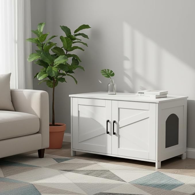Homhedy Cat Litter Box Enclosure, Wooden Cat Washroom Furniture with Barn Door, Pet House, Fit Most of Litter Box, White