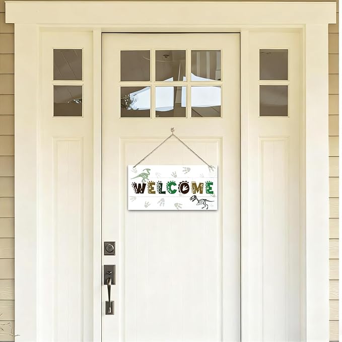 Welcome Sign for Front Door, Playroom Wall Decor, Dinosaur Theme Wall Hanging Decor, Gift for Dinosaur Lover, Funny Wooden Outdoor Front Door Hanging Decoration 13.8X6.9 inches