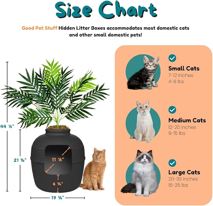 Good Pet Stuff Hidden Litter Box Planter, Decorative Cat Litter Enclosure with Carbon Filter, Artificial Plant, Easy Clean, Improved Design, Round Style, Base Kit, Matte Black