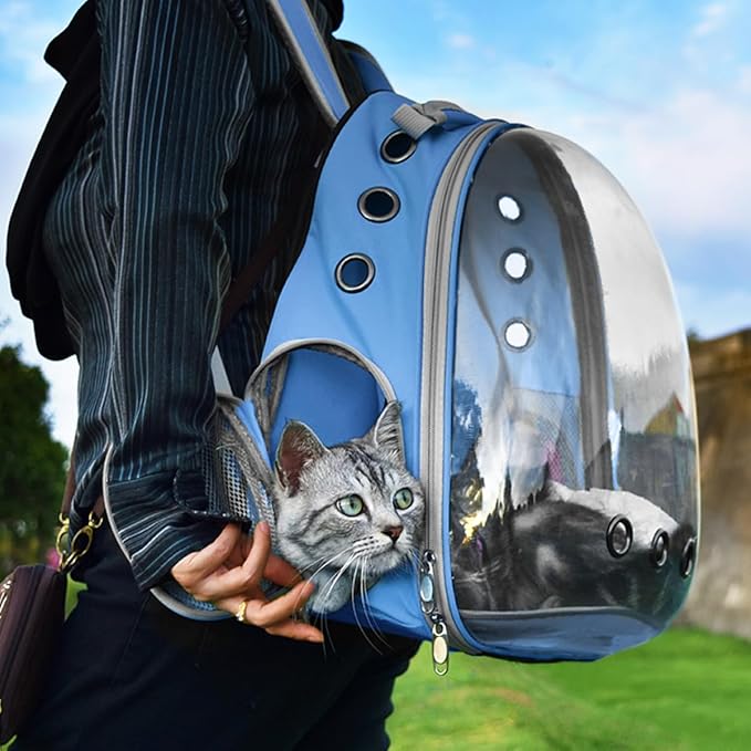 Cat Backpack Carrier Back Expandable Bubble Pet Carrier Backpack for Large Cat, Kitten and Dog, Designed for Hiking, Travelling and Outdoor Use (Back Expandable-Blue)