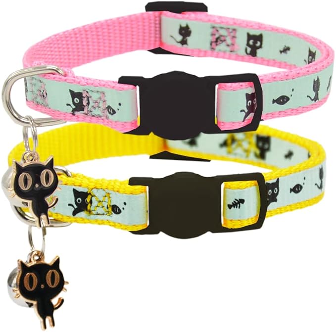2 Pack Glow in The Dark Cat Collar with Bell Breakaway Safety Cat Puppy Collars with Pendant Yellow and Pink